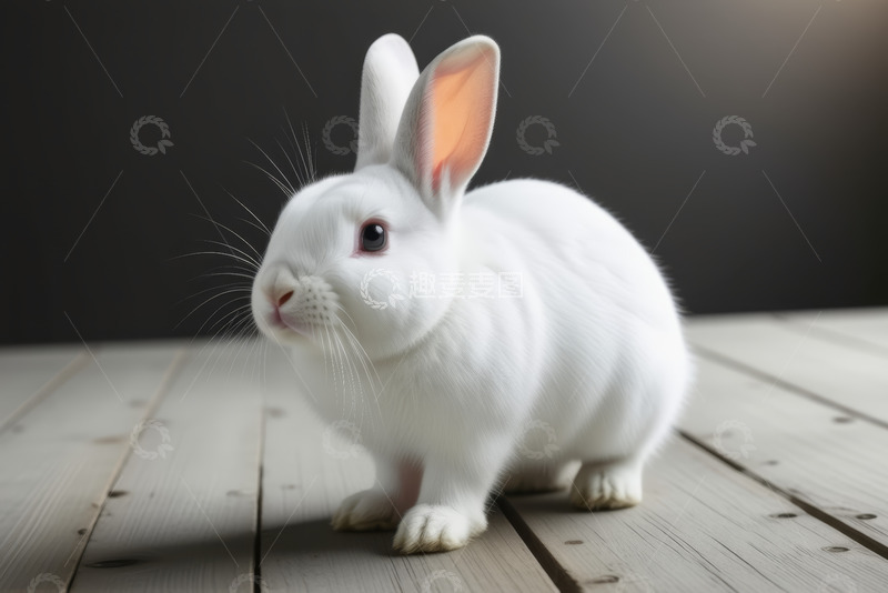 高清大图下载【趣麦麦图】白色宠物兔蹲坐木质平台