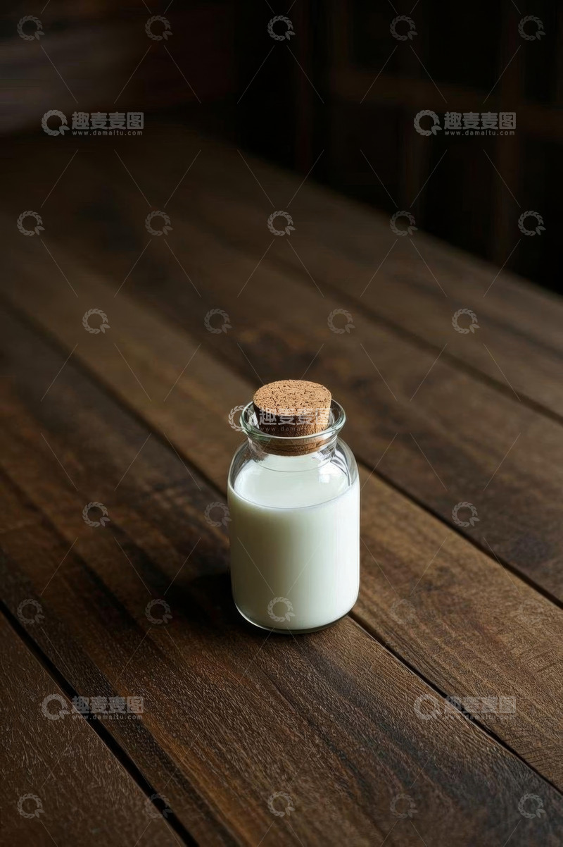 高清大图下载【趣麦麦图】木质桌面上的玻璃瓶装牛奶