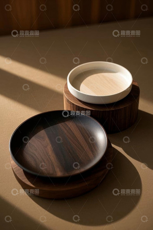 木质底座上的陶瓷与木质餐盘