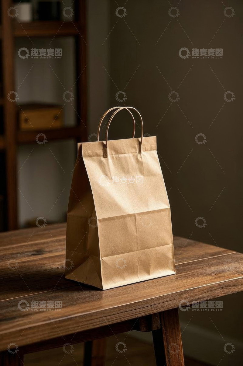 高清大图下载【趣麦麦图】木桌上的牛皮纸手提袋