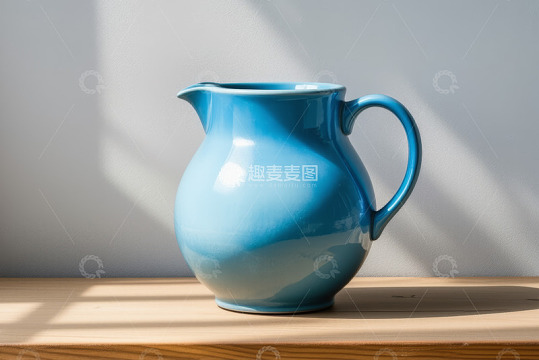 蓝色陶制水壶置于木桌