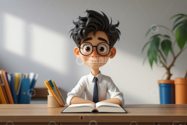 卡通男孩桌前专注看书场景