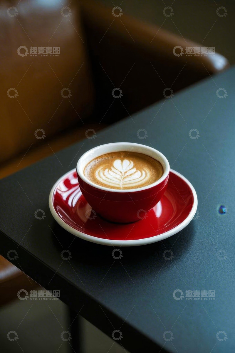 高清大图下载【趣麦麦图】红色杯碟中的拉花咖啡