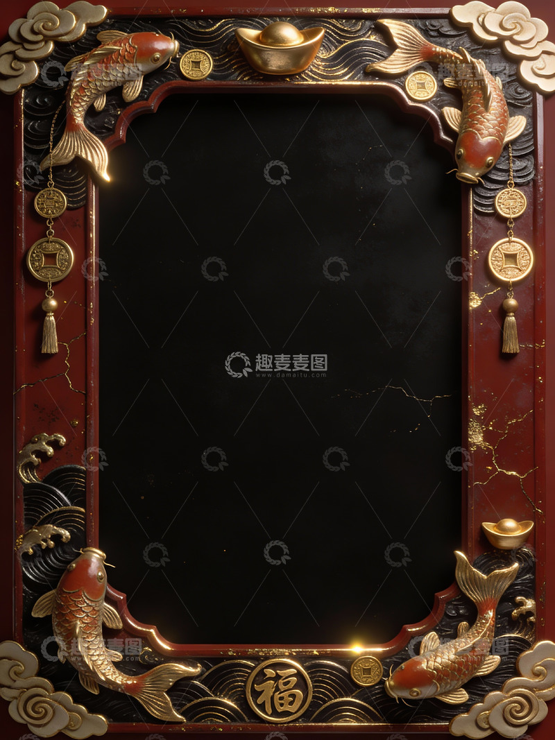 高清大图下载【趣麦麦图】红金中式招财元宝装饰边框