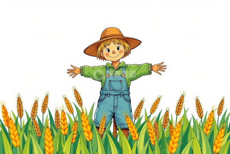 高清大图下载【趣麦麦图】麦田中戴帽稻草人张开双臂
