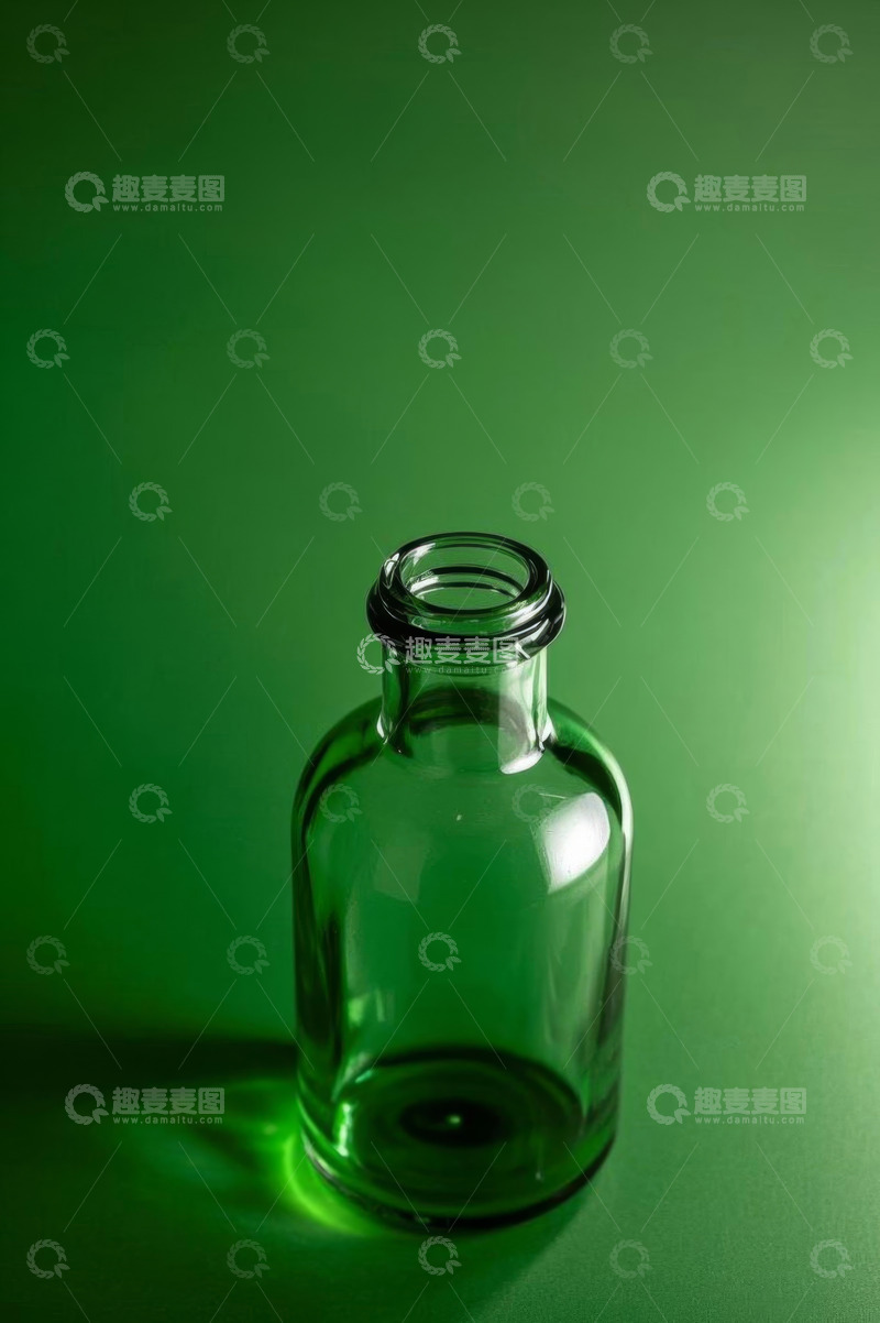 高清大图下载【趣麦麦图】绿色背景下的透明玻璃瓶