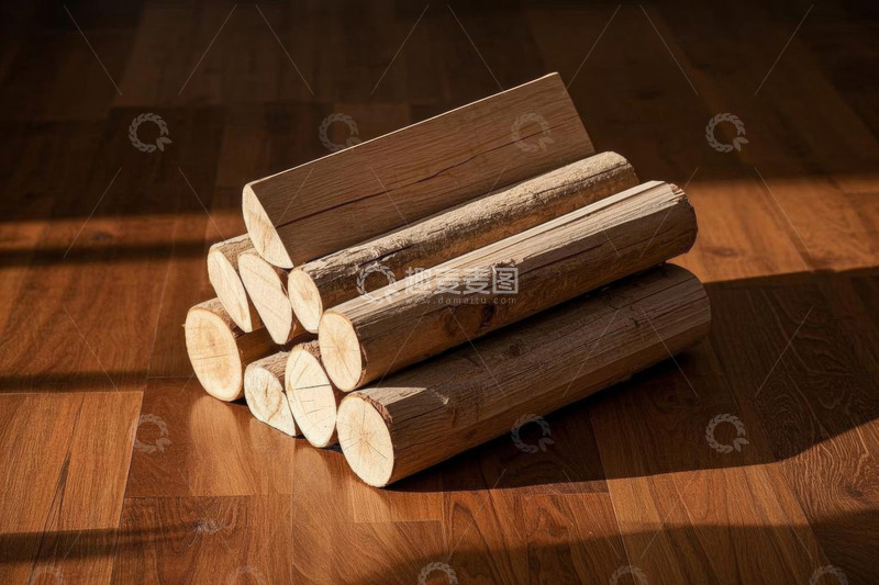 高清大图下载【趣麦麦图】室内木地板上堆放的木材