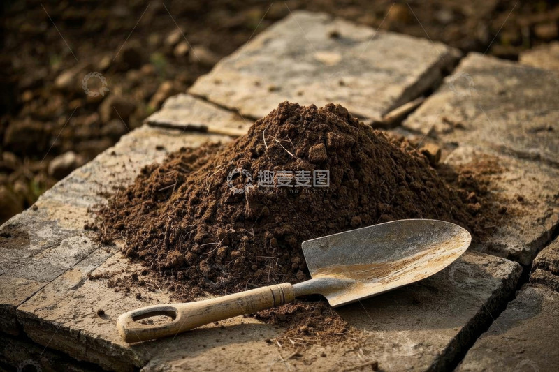 高清大图下载【趣麦麦图】石块上的泥土与园艺铲