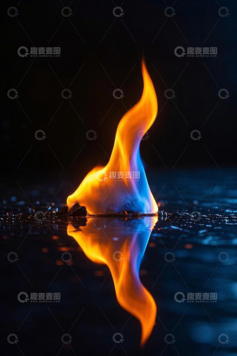 高清大图下载【趣麦麦图】燃烧火焰及其水面倒影特写