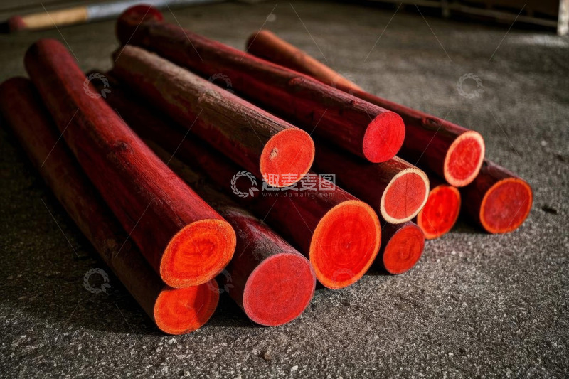 高清大图下载【趣麦麦图】红色木材堆放在地面