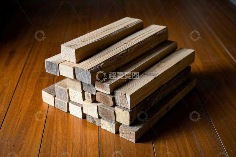 高清大图下载【趣麦麦图】堆叠在木地板上的木材