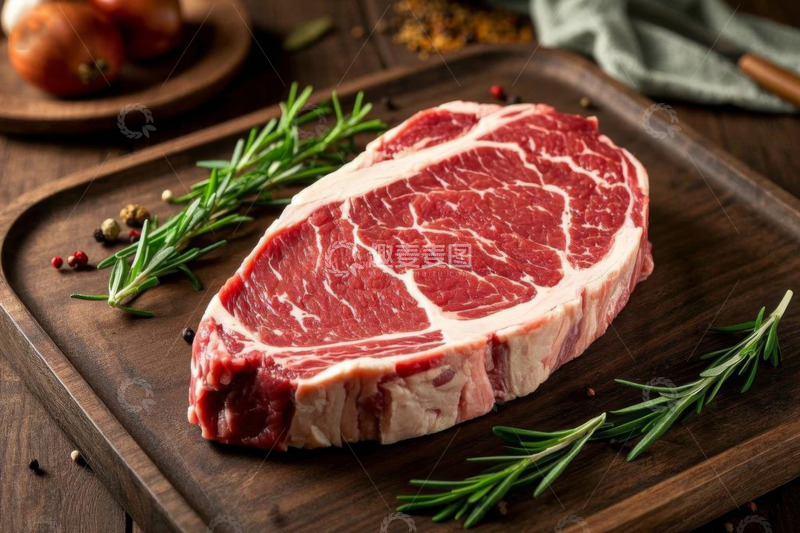 高清大图下载【趣麦麦图】木盘上摆放的新鲜牛排