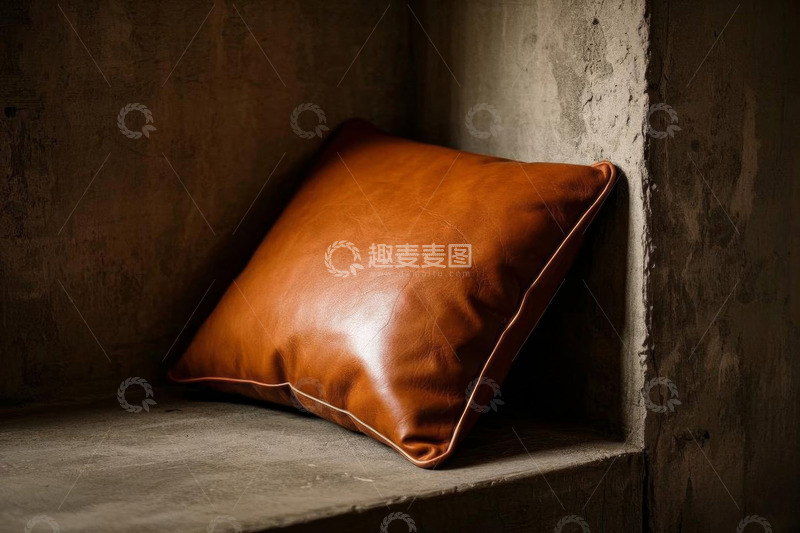 高清大图下载【趣麦麦图】棕色皮革抱枕靠在水泥墙角