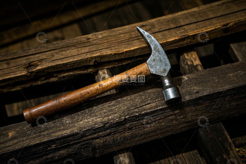 高清大图下载【趣麦麦图】-木桌上的金属锤子静物图
