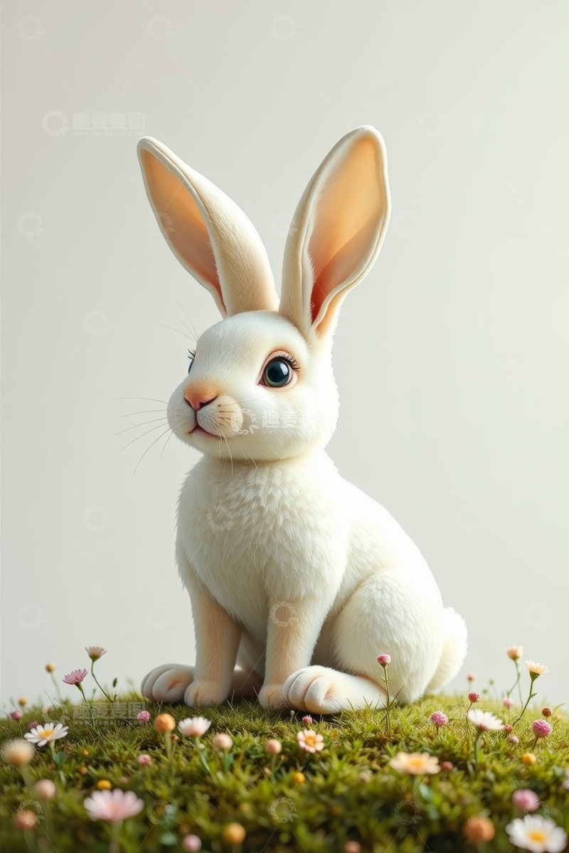 高清大图下载【趣麦麦图】白兔坐于花草上的场景素材