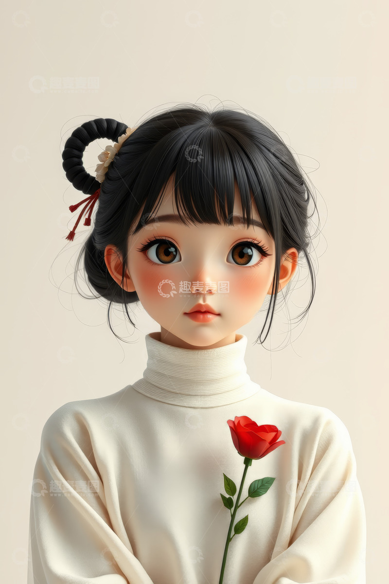 高清大图下载【趣麦麦图】手持玫瑰的卡通女孩肖像