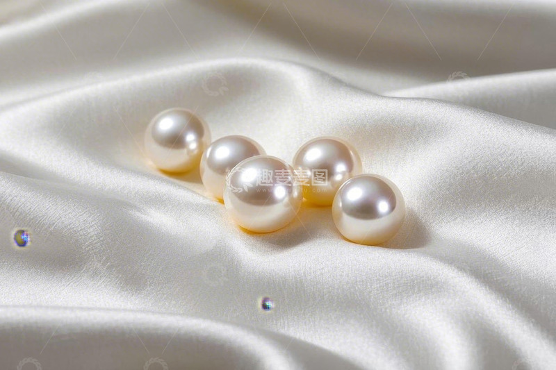 高清大图下载【趣麦麦图】白色绸缎上的珍珠特写