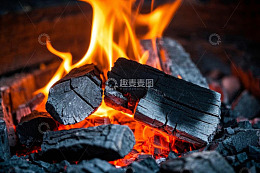 燃烧的柴火与火焰特写