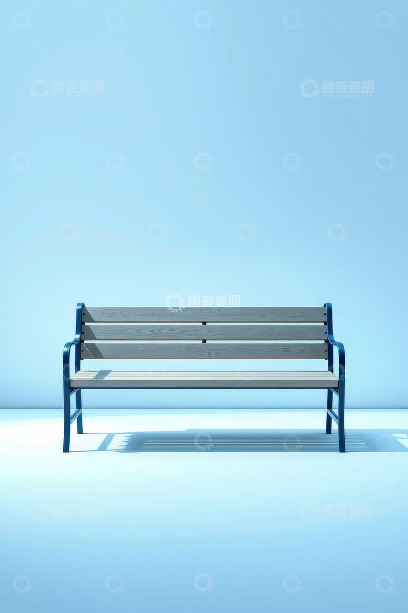 高清大图下载【趣麦麦图】简约蓝色背景下的户外长椅