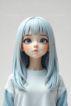 蓝发卡通女孩半身像
