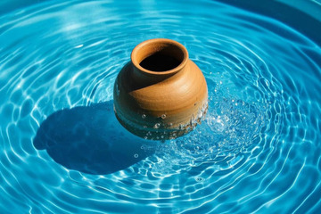陶罐入水泛起蓝色水波纹