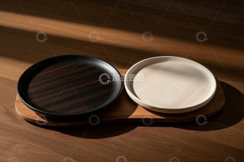 高清大图下载【趣麦麦图】木质托盘上的黑白餐盘
