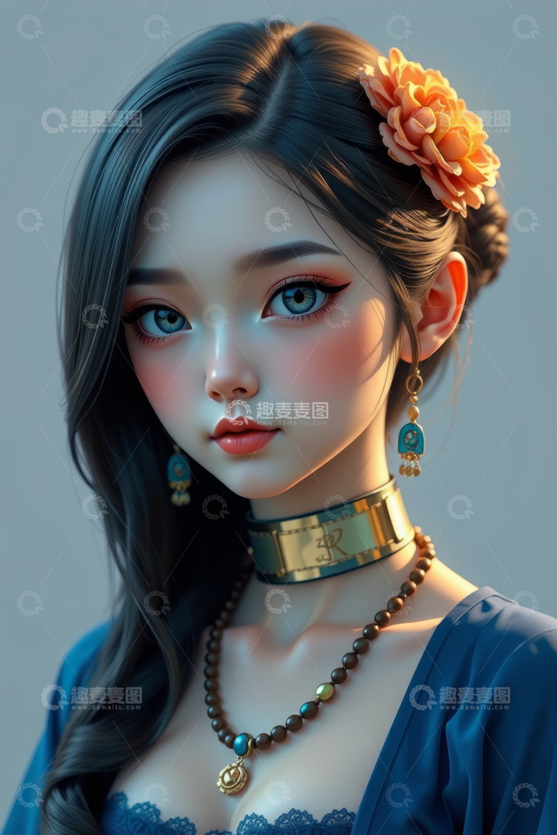 高清大图下载【趣麦麦图】佩戴饰品的古风少女肖像