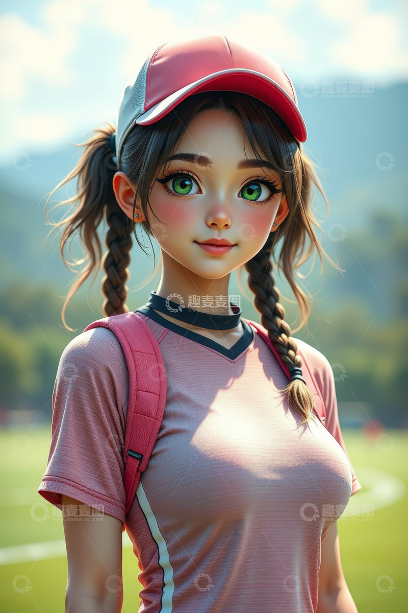 高清大图下载【趣麦麦图】户外扎辫戴帽运动女孩