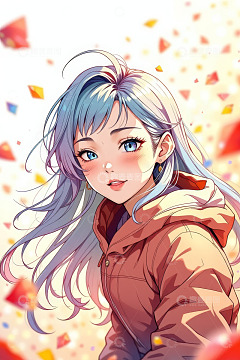 蓝发动漫女孩穿棕色外套