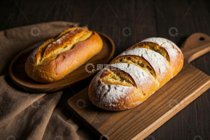 高清大图下载【趣麦麦图】木盘木砧板上摆放的新鲜面包