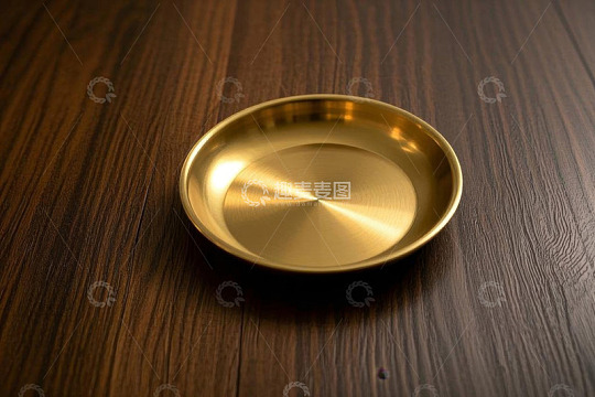 木质桌面上的金色圆盘