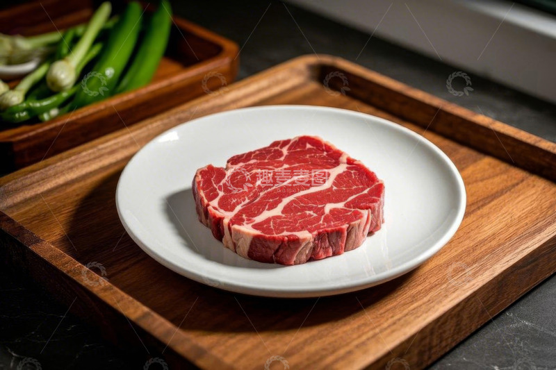 高清大图下载【趣麦麦图】木盘上白色瓷盘装的新鲜牛排