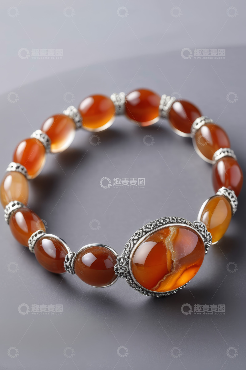 高清大图下载【趣麦麦图】橙红色玛瑙宝石手链特写