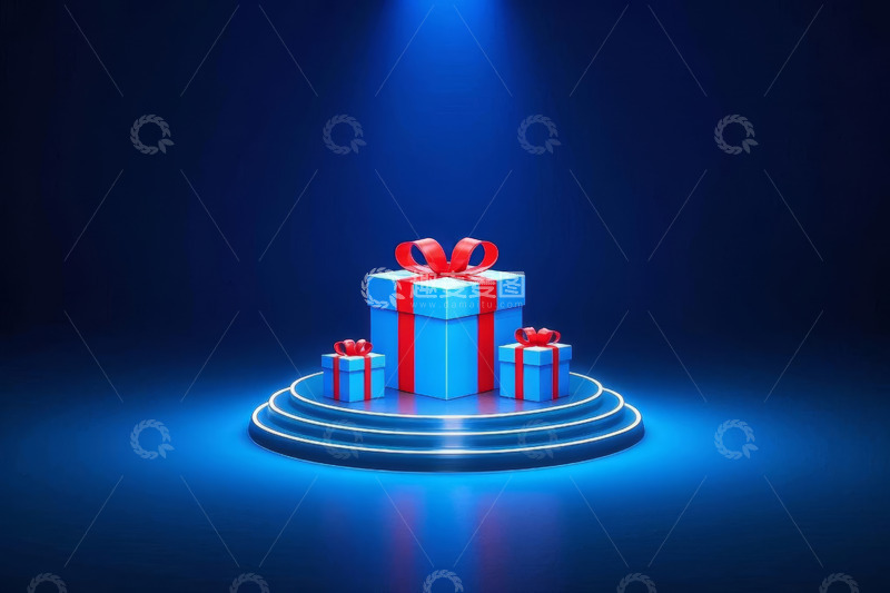 高清大图下载【趣麦麦图】蓝色礼盒置于舞台展示场景