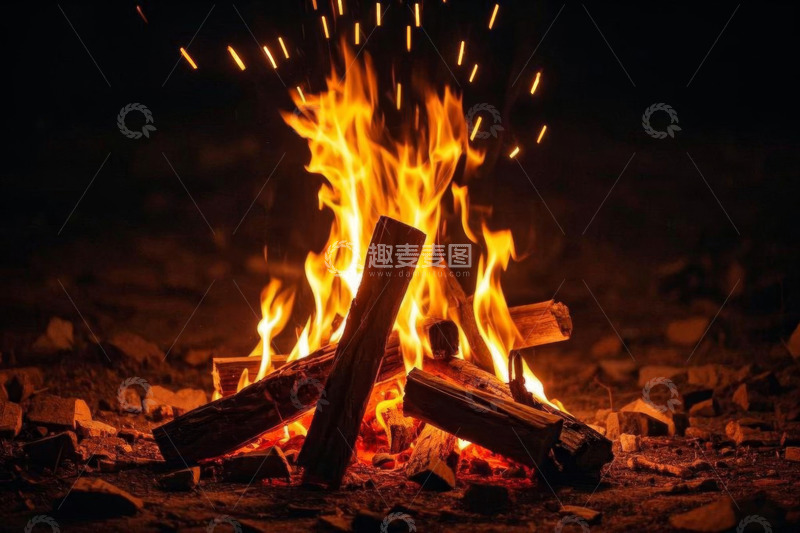 高清大图下载【趣麦麦图】夜晚燃烧的篝火画面