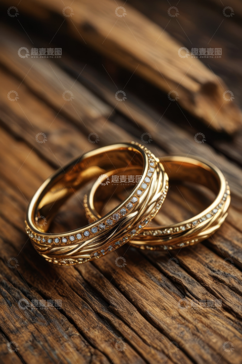 高清大图下载【趣麦麦图】木质背景上的钻石黄金戒指