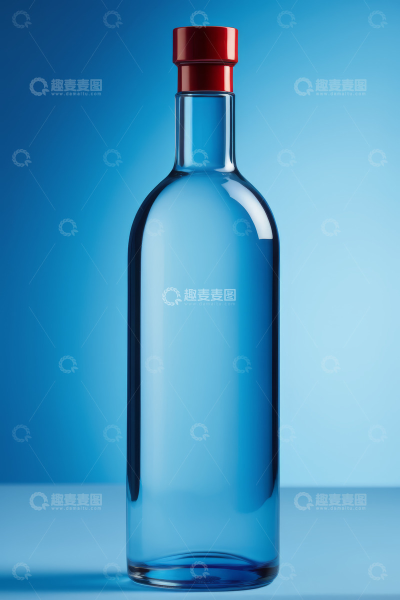 高清大图下载【趣麦麦图】蓝色背景下的透明玻璃瓶