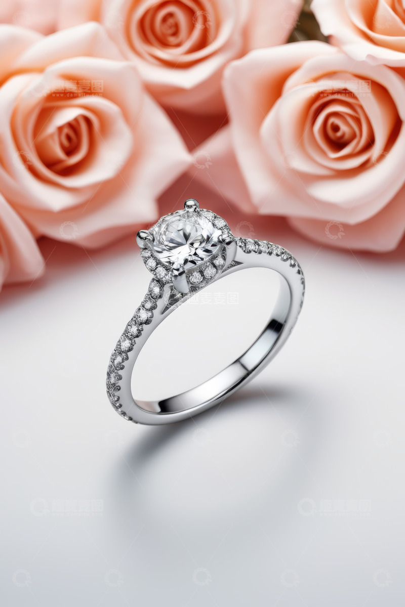 高清大图下载【趣麦麦图】钻石戒指与粉色玫瑰特写
