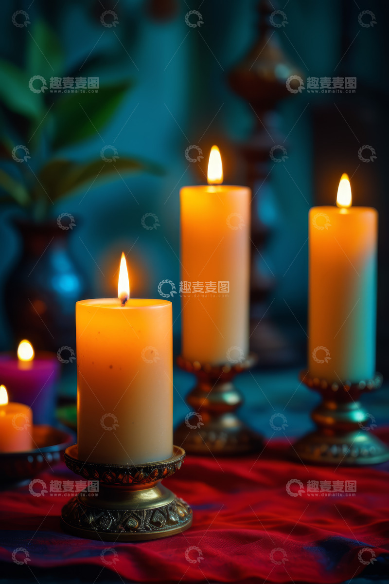 高清大图下载【趣麦麦图】燃烧的蜡烛摆放在红布上