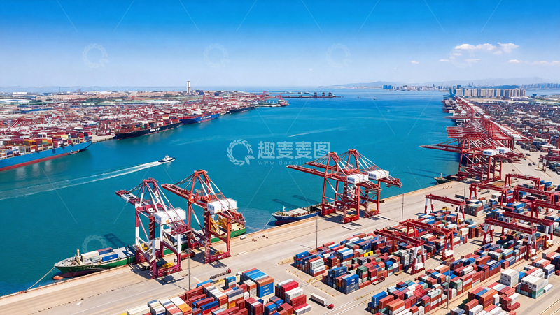 高清大图下载【趣麦麦图】俯拍连天白云下港口图片