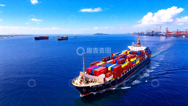 高清大图下载【趣麦麦图】蓝天下离开港口的货轮