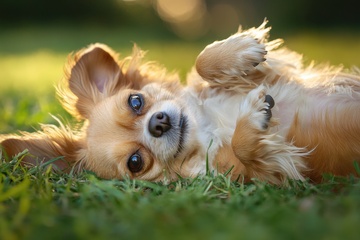 草地上躺下玩耍的可爱小狗