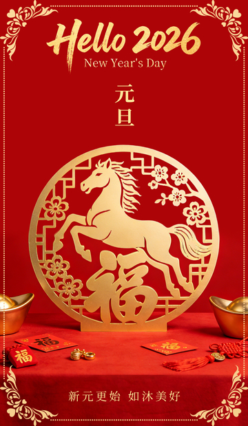 2026红色元旦新年马形剪纸贺卡海报