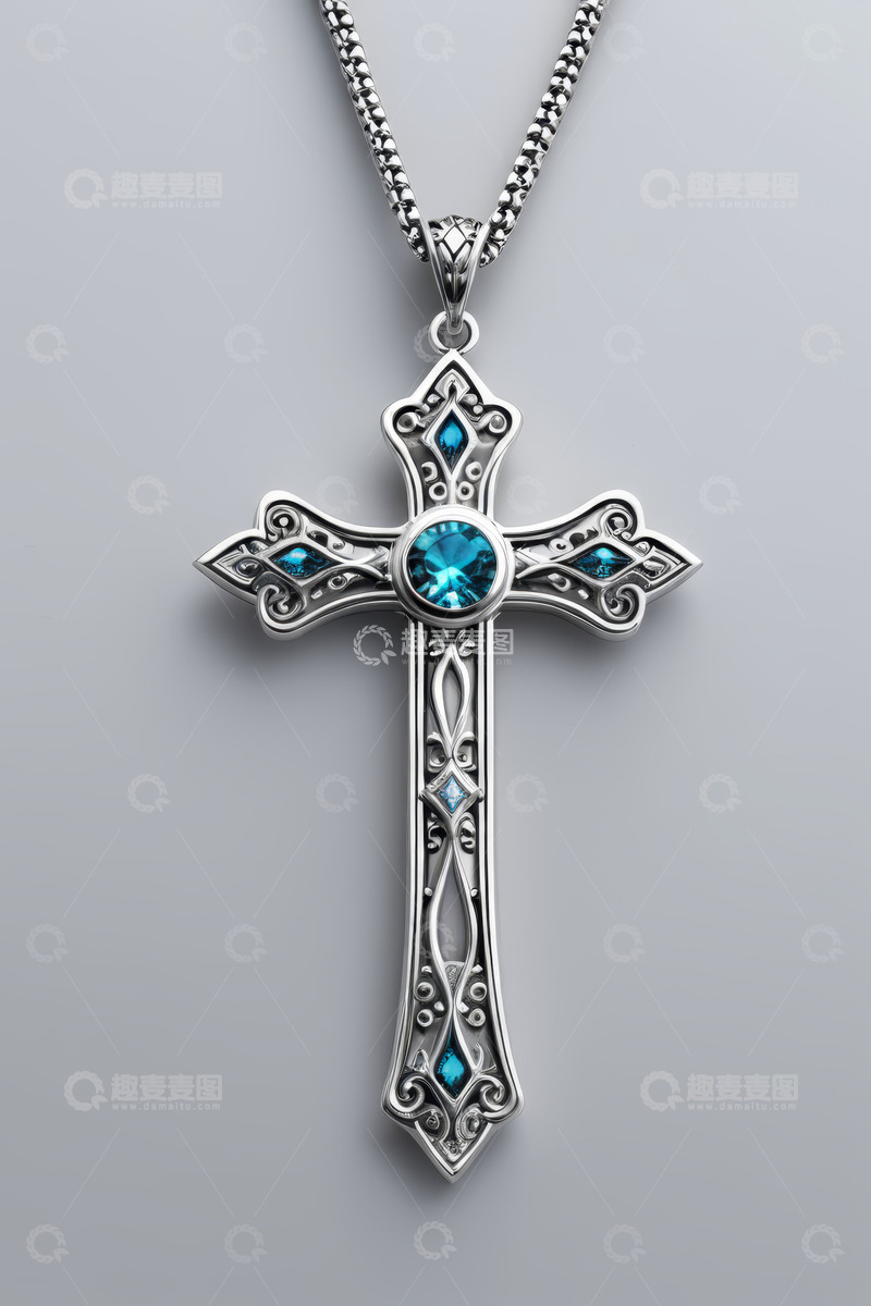高清大图下载【趣麦麦图】银色十字架宝石项链特写