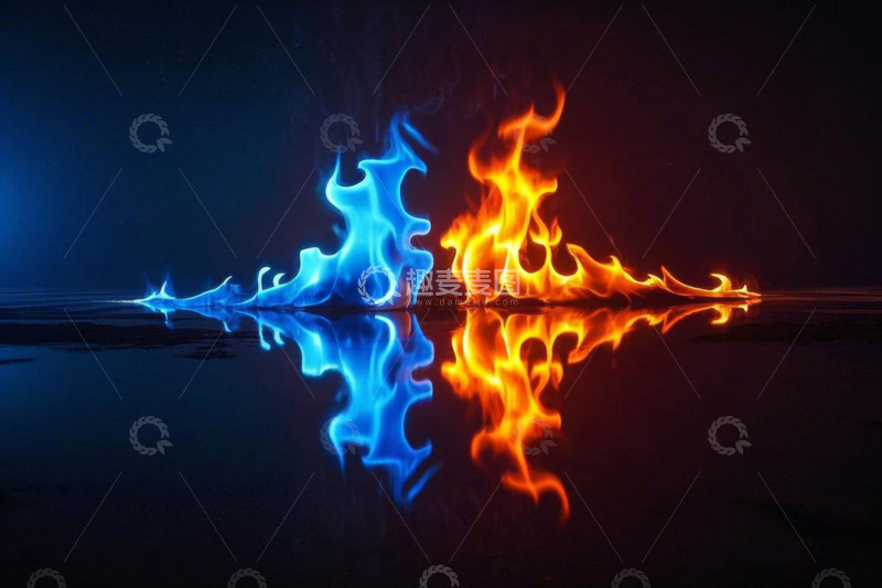 高清大图下载【趣麦麦图】红蓝火焰及其倒影特写