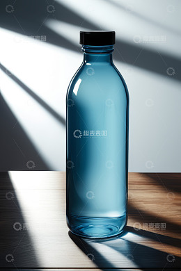 蓝色玻璃瓶置于木质桌面上