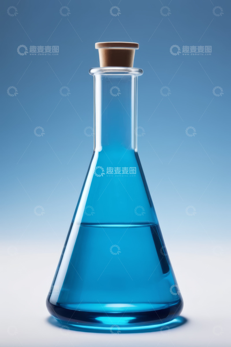 高清大图下载【趣麦麦图】实验室玻璃锥形瓶与蓝色液体