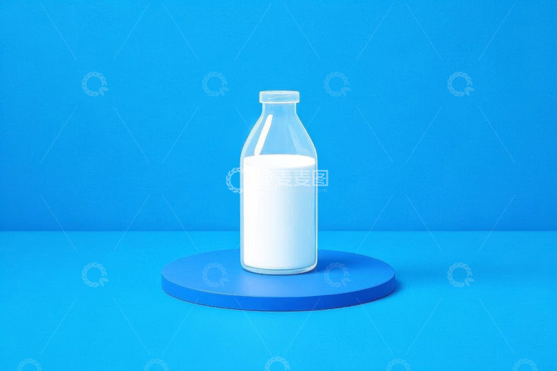 高清大图下载【趣麦麦图】蓝色背景上的玻璃瓶装牛奶
