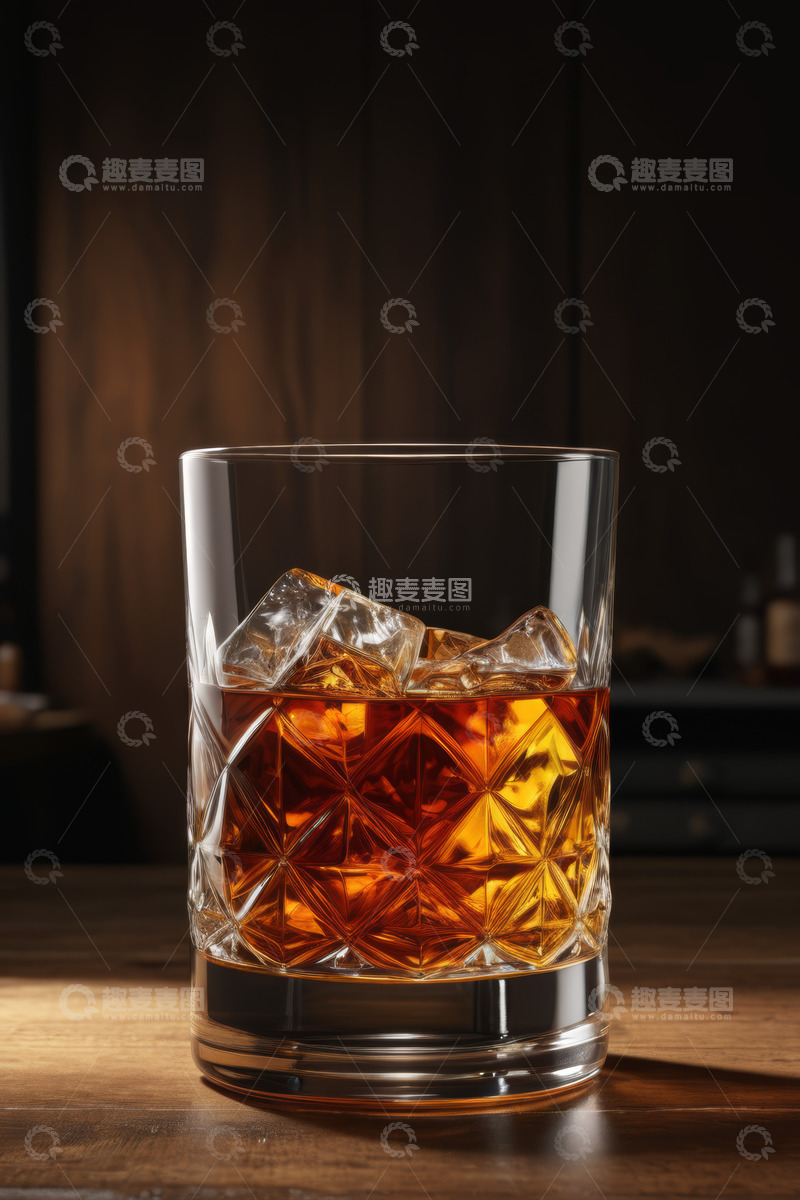 高清大图下载【趣麦麦图】玻璃杯中的威士忌加冰块