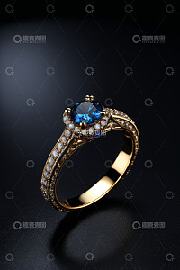 金色镶蓝宝石钻石戒指特写